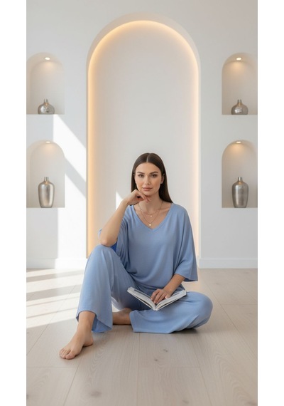 Divinus Bol Kesim V Yaka Yarım Kollu Pijama Takımı Mavi