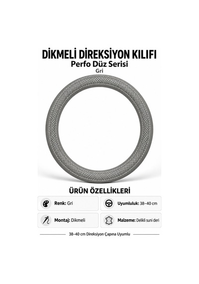 Trobus Volkswagen Taigo 2021-2025 Uyumlu Dikmeli Direksiyon Kılıfı Perfo Düz Delikli Deri Gri