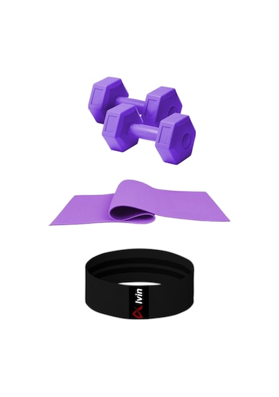 6 Mm Pilates Minderi + 2 Adet 1 Kg Dambıl + Pamuklu A Kalite Squat Bandı Fitness Egzersiz Seti Mor
