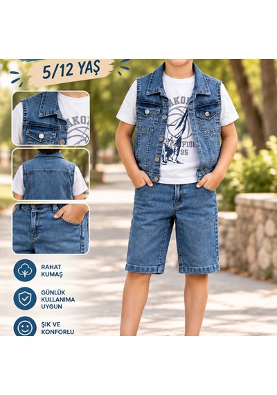 Candar Denim Kumaş Ve Tişörtlü Çocuk Takımı 5/12 Yaş Lacivert
