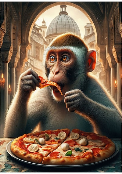 Pizza Yiyen Maymun Desenli Mdf Tablo 35cm X50cm