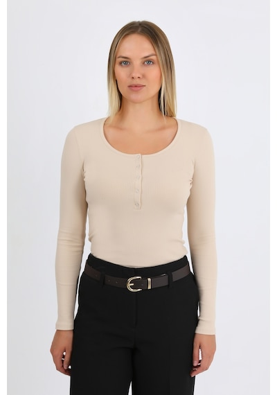 Hdm Kadın Bej Uzun Kollu Fitilli Patlı Çıtçıtlı Basic Örme Bluz - H6172