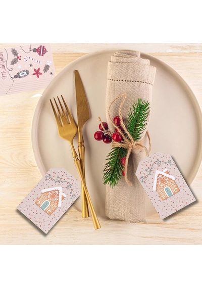 Yılbaşı Ev Temalı Hediye Etiketi, Yeniyıl, Noel Delikli Paketleme Kartı, 50 Adet-4.8x7.5 Cm, Krem