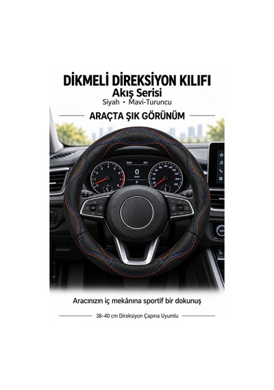Trobus Citroen C3 2024-2025 Uyumlu Dikmeli Direksiyon Kılıfı Akış Siyah Mavi-turuncu Siyah - Mavi-turuncu