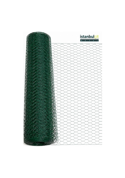 İstanbul Çit Metal Pvc Kümes Teli 1/2 İnç 13 Mm Göz 0,70 Mm Tel Kalınlığı Yeşil Altıgen Örgülü Bahçe Çiti