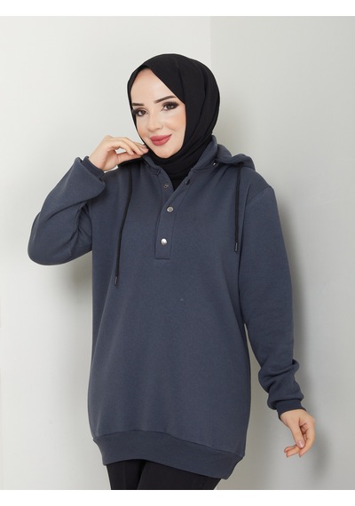 Raika Moda Kapşonlu 3 İplik Büyük Beden Tesettür Sweatshirt Antrasit