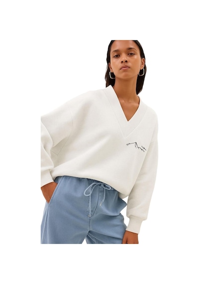 Benroma Dağ Baskılı Ünisex V Yaka Sweatshirt Beyaz