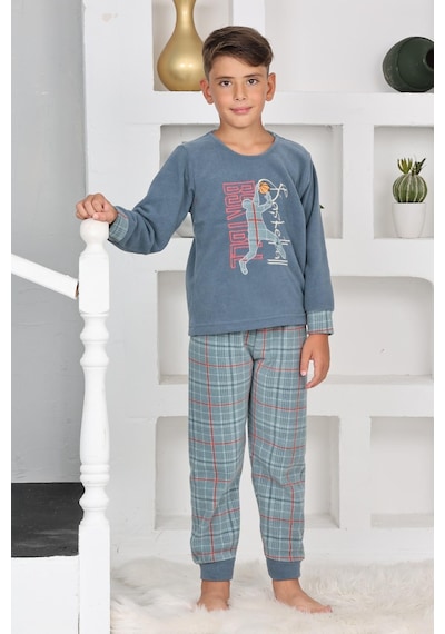 Yeni Sezon Sonbahar/kış Erkek Çocuk Basketball Desenli Polar Pijama Takımı 4530 Petrol Mavisi