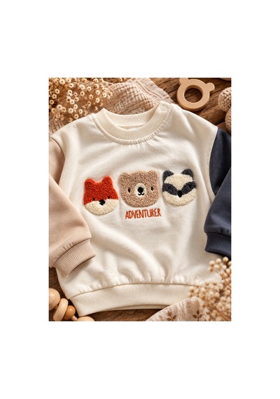 Omeca Concept Hayvan Figürlü Erkek Bebek 2 Li Sweatshirt Eşofman Takımı Bej
