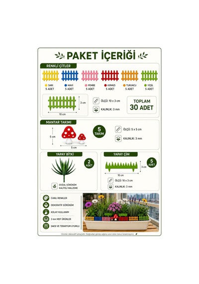 Arliadesign Ahşap Saksı Süsü Seti Renkli Çit, Mantar, Çim Ve Bitki Dekoru 42 Parça 3 Mm Mdf