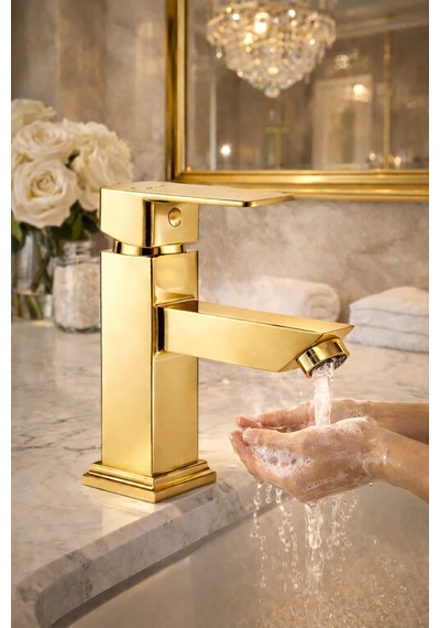 Viosa Lüks Altın Lavabo Bataryası Pirinç Gövde Aç Kapa Musluk Modern Kare Tasarım Banyo Batarya Siyah
