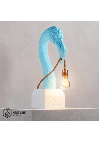 Flamingo Başlı Tasarımlı Şık Masa Lambası Nestvibe Studio Özel Seri Mavi