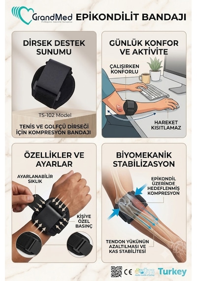 Epikondilit Bandajı Tenişçi Dirsekliği Bandı Golfçü Bandı Rahat Konforlu Ayarlanabilir Kullanım Bedensiz