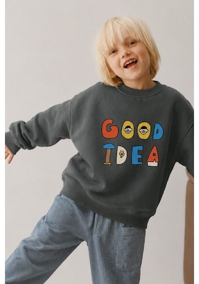Monila Unisex Çocuk 3 İplik Kumaş Slogan Baskılı Pamuklu Sweatshirt Antrasit