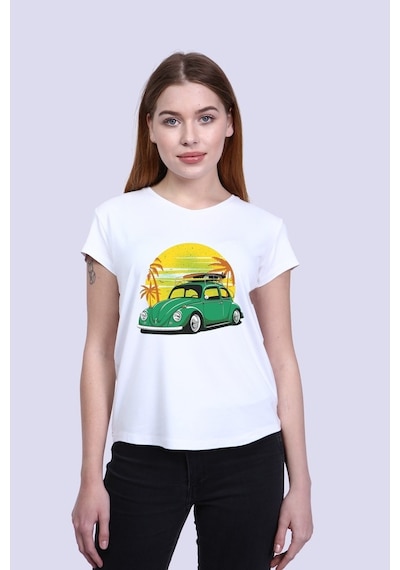 Newdesigner Kadın Beyaz Ön Araba Baskılı V Yaka Tshirt Beyaz