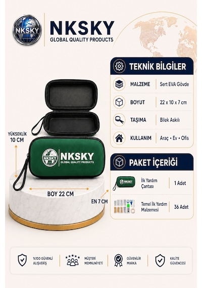 Nksky 36 Parça İlk Yardım Çantası, Yeşil Eva Çantalı İlk Yardım Seti, Bileğe Takılabilir Taşıma İpli Ecza Çantası