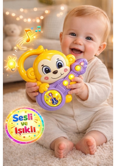 Sesli Ve Işıklı Gitar Çalan Maymun Bebek Oyuncağı - 14 Cm
