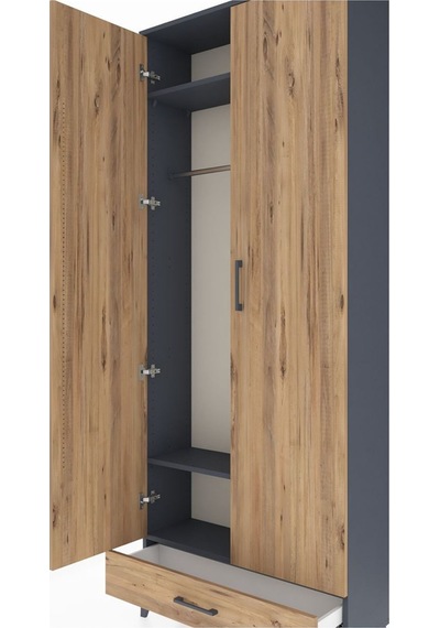 Arges Dolap 3 Raflı Tek Çekmeceli Tek Askılı 88x30x221 Antrasit-çam Antrasit