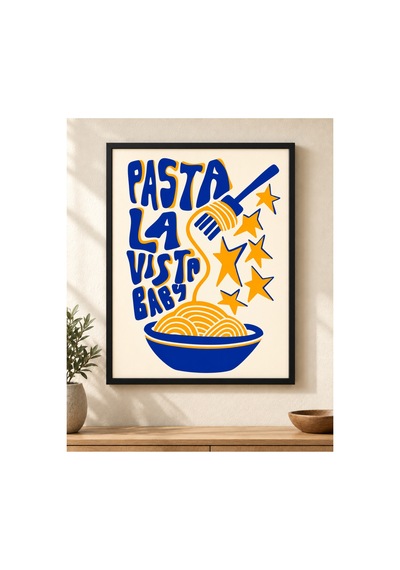 Pasta La Vista Retro Mutfak Posteri Mavi Sarı Makarna Tasarımlı Dekoratif Duvar Posteri 21x30 Cm Çerçevesiz