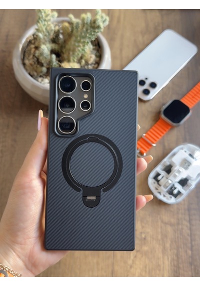 Samsung Galaxy S24 Ultra Uyumlu Karbon Desenli Standlı Ve Magsafe Uyumlu Kılıf Soocase700 Siyah