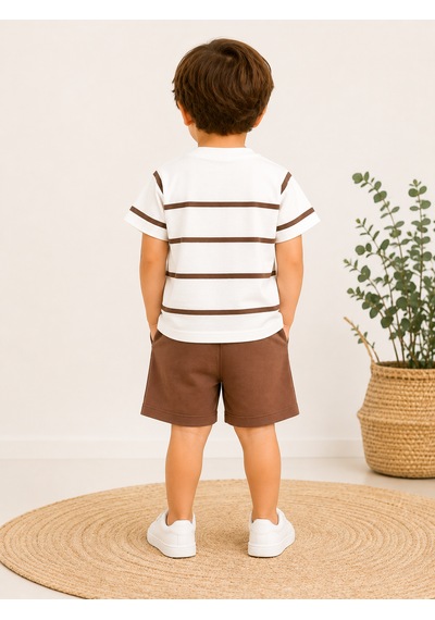 Tucankids Erkek Çocuk Ayıcık Nakışlı Çizgili Şortlu 2'li Takım 1-4 Yaş Kahverengi