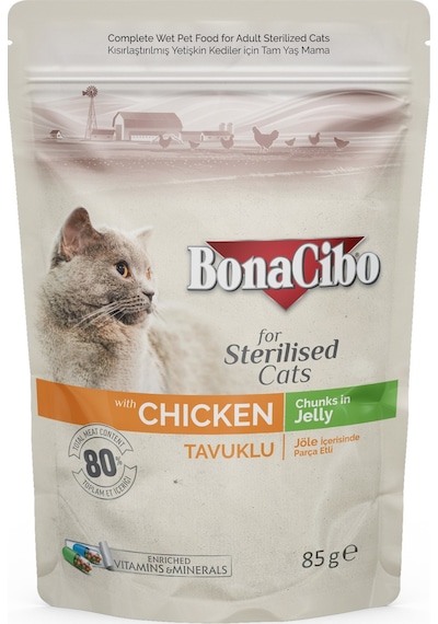 Bonacibo Tavuk Etli Jelly Pouch Kısırlaştırılmış Yetişkin Kedi Yaş Maması 12 x 85 G