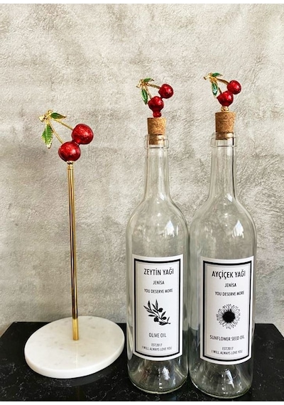 Şeffaf 750 Ml Cam Kiraz Mantar Tıpalı Etiketli Yağdanlık Mermer K