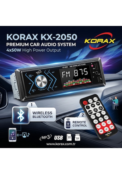 Korax Kx-2050 Spektrum Ekranlı Bluetooth Oto Teyp Mosfet 4x50w Ses Çıkışı Single-dın Mp3 Çalar