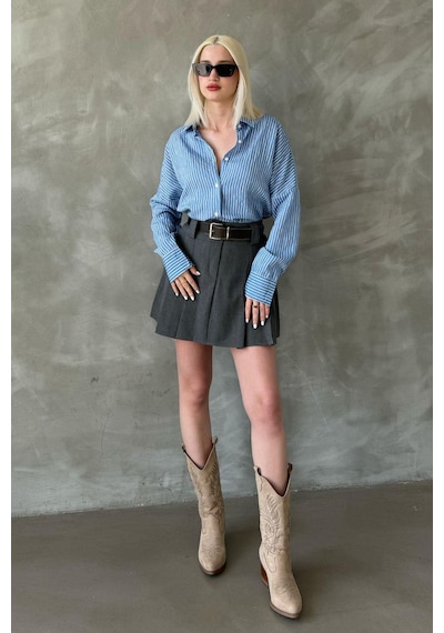 Madmext Mavi Çizgili Oversize Kadın Gömlek Mg2327 Mavi
