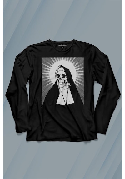 Skull Rahibe Kuru Kafa Gothic Dark Uzun Kollu Tişört Baskılı T-shirt 001