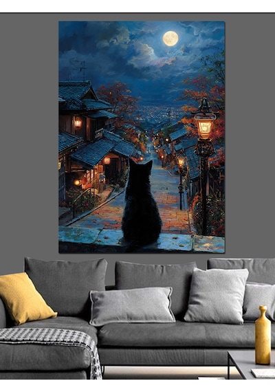 Ahşap Tablo Sokakta Duran Kedi Silüeti