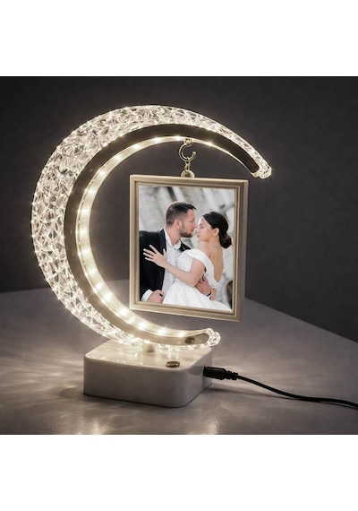 Kristal Led'li Hilal Fotoğraf Çerçevesi Dokunmatik Işıklı 2 Fotoğraflı Kişiye Özel Hediye Beyaz