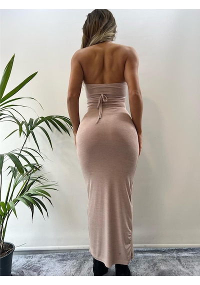 Pink Life Bej Buzzy Kumaş Bağlamalı Göğüs Dekolteli Maxi Boy Elbise Bej