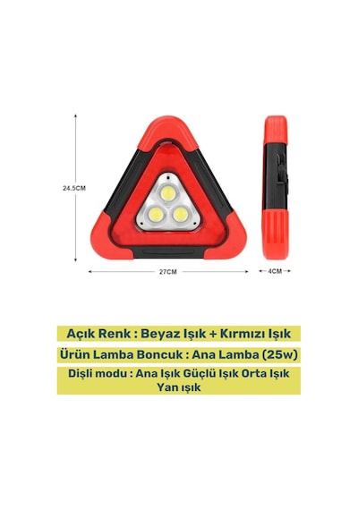Premium Su Geçirmez Sızdırmaz 3 Ledli Solar Üçgen Reflektör Güneş Enerjili Refluj Araba Oto Lambası