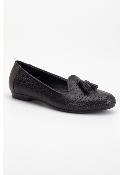 Analin Shoes Kadın Hakiki Deri Baskılı Püsküllü Babet Siyah