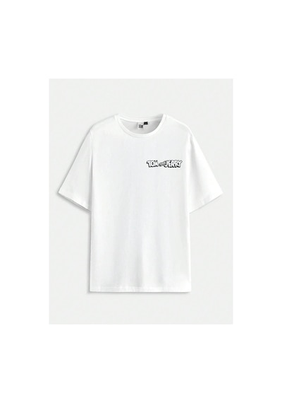 Tarzsokak Tom Ve Jerry Baskılı Oversize Unisex T-shirt Beyaz