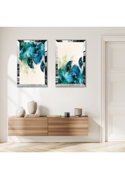 Gümüş Aynalı Pleksi Çerçeveli Su Yeşili Soyut Desen Modern İkili Mdf Tablo Seti