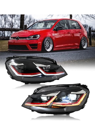 Vw Golf 7 2013-2016 Mk7 Kırmızı Kayar Sinyalli J Ön Far