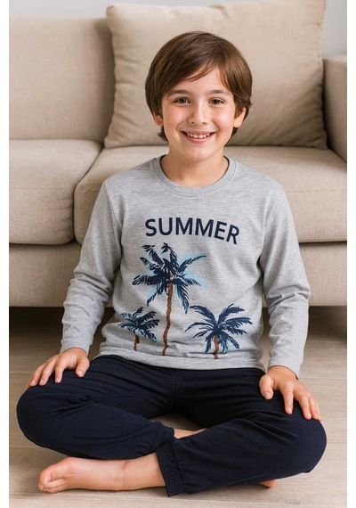 Çocuk Pijama Takımı %100 Pamuk Gri