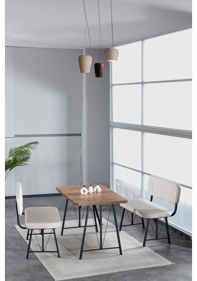 Hayat 70x110 Atlantik Mutfak Masası, Mutfak Masası Takımı, Yemek Masası, 2 Benchli - Krem Krem