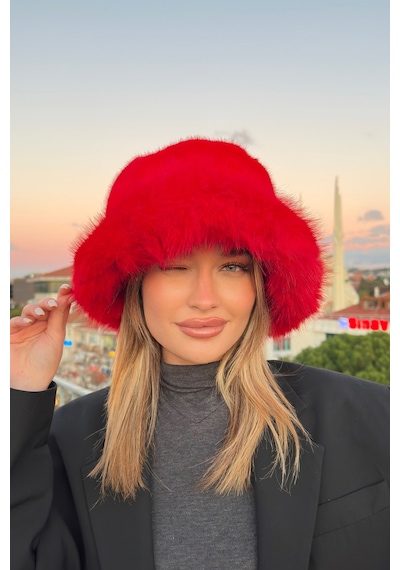 Mollycrush Suni Kürklü Peluş Bucket Kalpak Şapka Luxury Kadın Kırmızı Rus Slav Tarzı Kırmızı