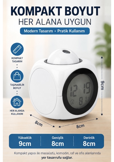 Duvara Yansıtan Projeksiyonlu Dijital Çalar Saat Konuşan Termometreli Led Alarm Masa Saati Beyaz