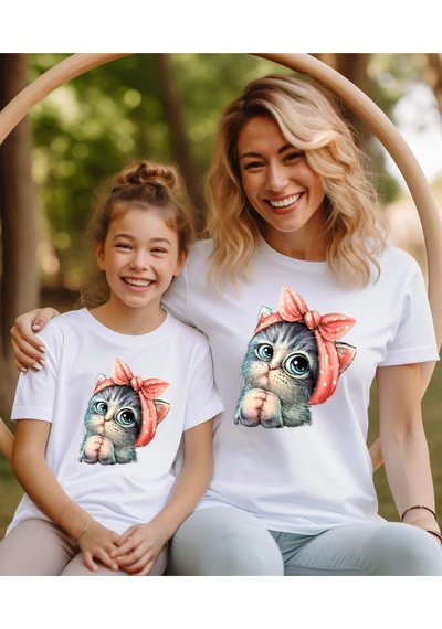 Aselinda Anne Ve Kız Şirin Kedi Baskılı T-shirt Tekli Üründür Kombin Yapmak Için 2 Adet Sepete Ekleyiniz Beyaz