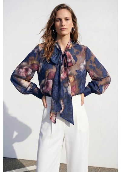 Sateen Fularlı Desenli Gömlek - Lacivert-137420