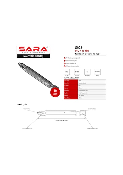 Sara S928 Ph2 50 Mm Manyetik Bits Uç 10 Lu