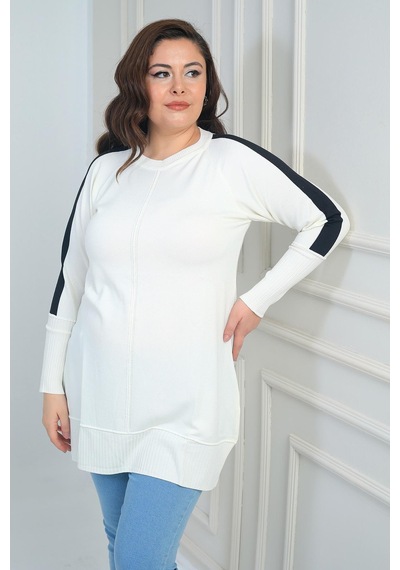 By Saygı Kadın Kolları Şeritli Büyük Beden Tunik Bluz-41818 Ekru