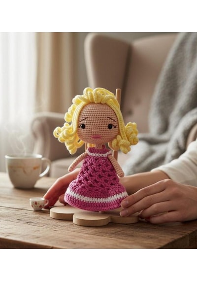 El Yapımı Mini Amigurumi Bebek %100 Pamuk Çocuklar İçin Şirin Oyuncak Sarı - Pembe
