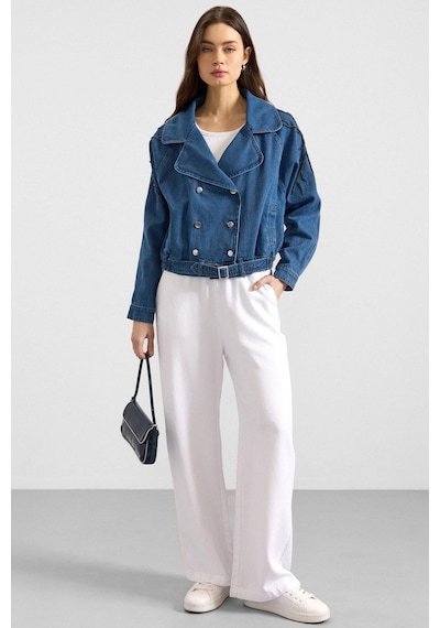Olcay Kolu Boncuk İşlemeli Astarsız Denim Ceket Mavi 8283