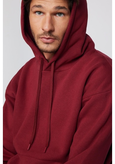 Tudors Oversize Pamuk Kapüşonlu Basıc Unisex Bordo Sweatshirt-29404-bordo Bordo