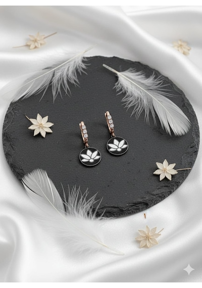 925 Ayar Elmas Lotus Küpe.rose.gold.rodaj Gümüş